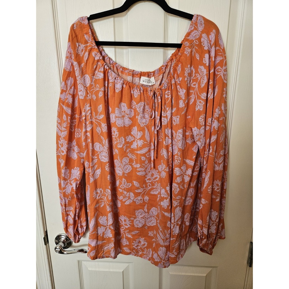 NWT Emily Wonder Purple Orange Long Sleeve Keyhole w/Tie Blouse, Plus 3X